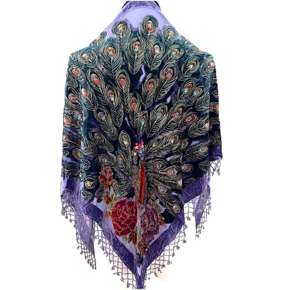 Kirks Folly Accessories - VTG Kirks Folly Beaded Velvet Peacock Scarf Shawl Wrap Triangular Stunning NWT